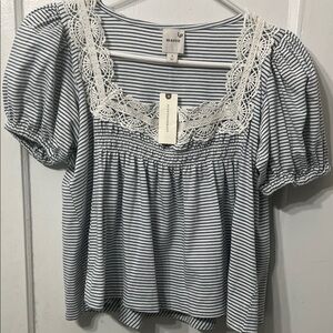 Anthropologir Maeve Striped Puff Sleeve Top - Black and White